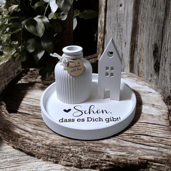 Preview: Tischdeko Geschenkset Dekoteller mit Schriftzug Schön, dass es dich gibt Tablett geriffelte Vase oder Stabkerzenhalter Lichthaus - Artikel-Nr.: 1100058