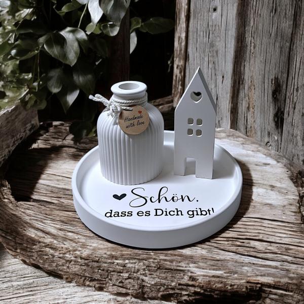 Tischdeko Geschenkset Dekoteller mit Schriftzug Schön, dass es dich gibt Tablett geriffelte Vase oder Stabkerzenhalter Lichthaus - Artikel-Nr.: 1100058